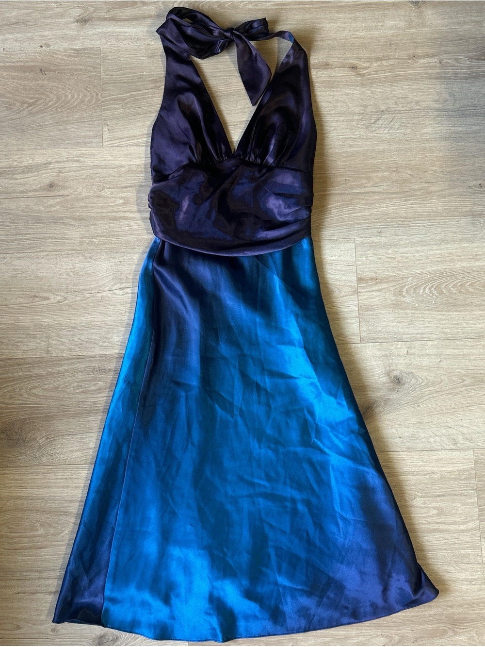 BORA Halter Satin Evening Dress in Mermaid Purple and Teal